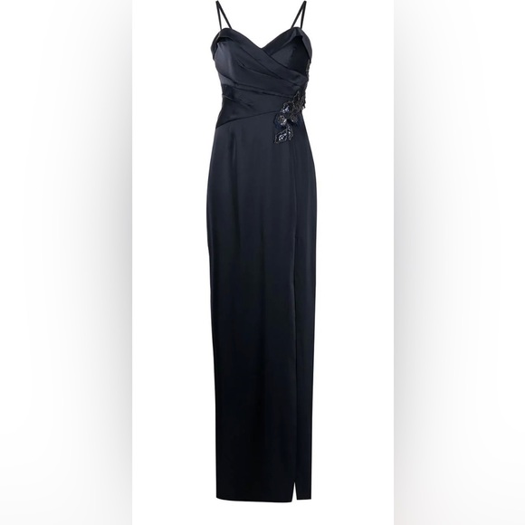 NWT Marchesa Notte Sweetheart Neckline Embroidery Satin Navy Gown - Picture 3 of 17